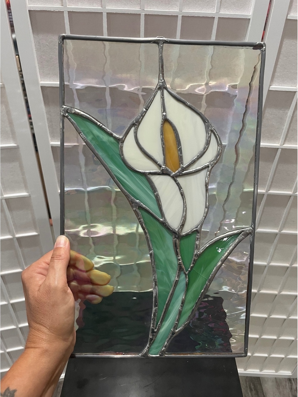 Handcrafted Stained Glass Panel with White Calla Lily Design, 8.75 x 14 Inches
